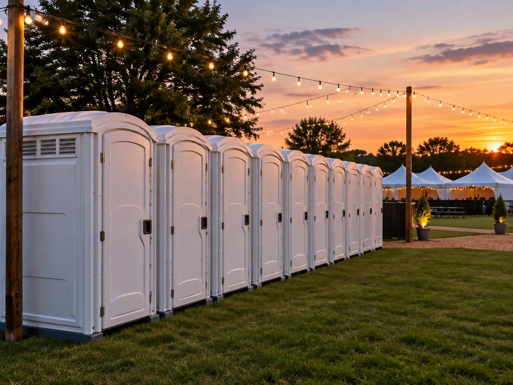 Row of clean portable restroom units at an outdoor event at dusk
